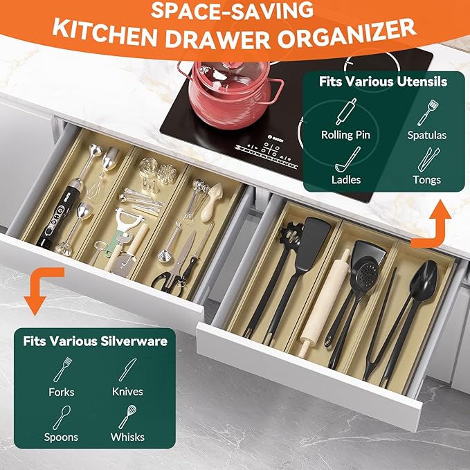 Bamboo Drawer Organizer - Extra Large Silverware & Utensil Organizer, 2 Pcs Toilet Toppers, Wooden Toilet Paper Basket (Gold, 17 X 6 X 2 Inch)-Ruum Studio Home