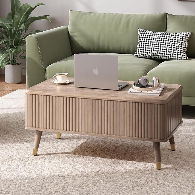 Lift Top Coffee Table with Storage Shelf & Hidden Compartment, Mid Century Modern Fluted Rectangle Dining Table for Living Room, Home Office, Natural Oak-Ruum Studio Home