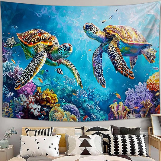 Sea Turtle Tapestry Ocean Tapestries Fabric Wall Hanging Aesthetic Space Coastal Indoor Outdoor Wall Art Tablecloth Bedspread Decoration for Bedroom Dormitory Living Room Home Decor 40"x60"-Ruum Studio Home