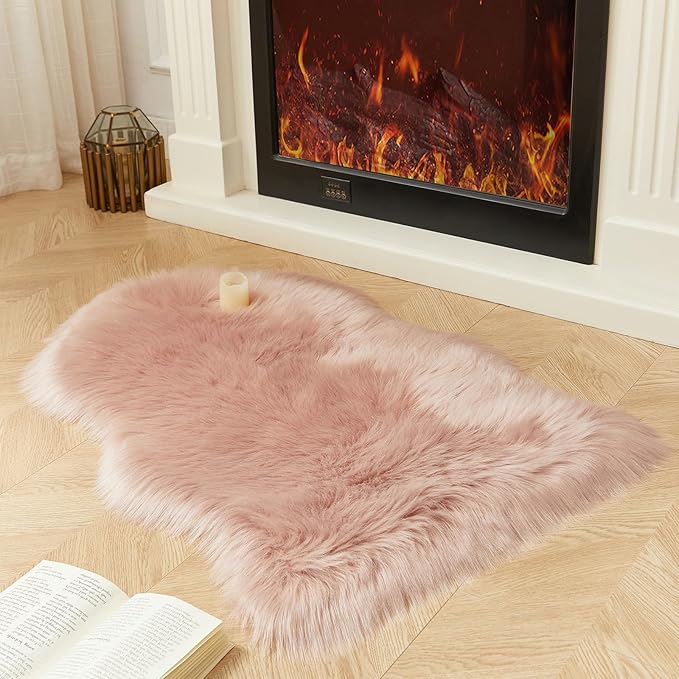 AMTOVO Faux Fur Rug, Pink Small Area Rug, Fluffy Sheepskin Rug, Fuzzy Ultra Soft 2 x 3 ft Shag Rugs for Bedroom Sofa Throw Cushion Room Decor, Sheepskin-Ruum Studio Home
