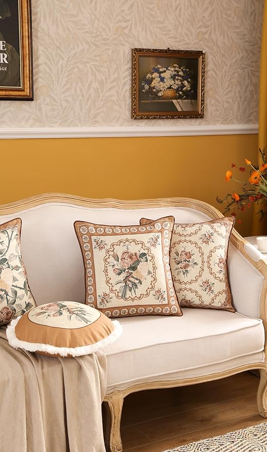 patdrea Designer Vintage Floral Throw Pillow Covers for Couch Set of 4,Brown Yellow Linen Pillowcases with Bird and Rose Pattern Decorative Cushion Cover for Bedroom Living Room Outdoor Car Cafe-Ruum Studio Home