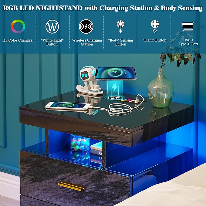 Night Stand with Light, High Gloss Nightstand with USB/Wireless Charging Station, LED Black Nightstands with Storage Drawers, RGB Side End Table for Bedroom Furniture（Black）-Ruum Studio Home