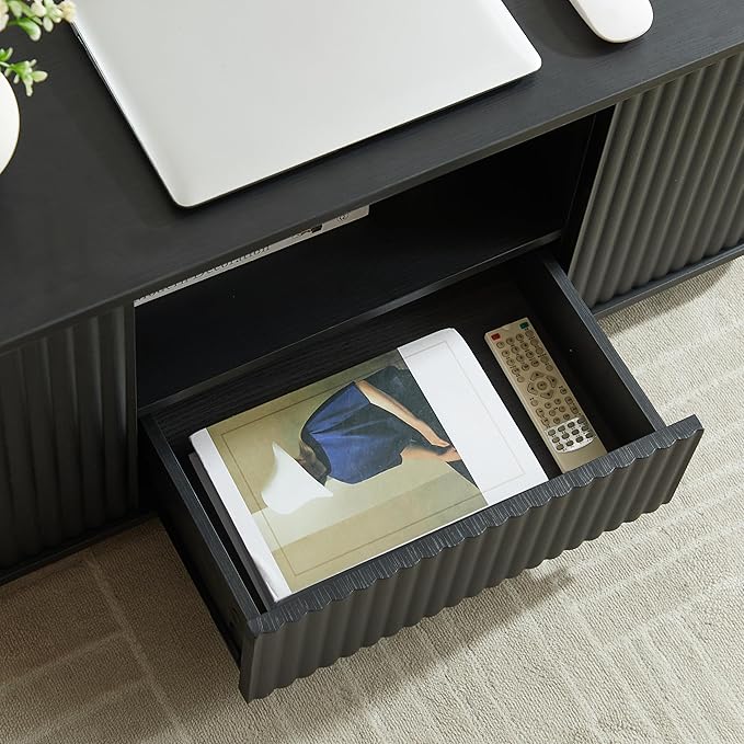 46.5" Oval Coffee Table with Drawers and Storage Mid Century Modern Fluted Solid Wood Side Coffee Tables, Luxury Tea Table Center Table for Living Rooms Offices Apartmen, Black-Ruum Studio Home