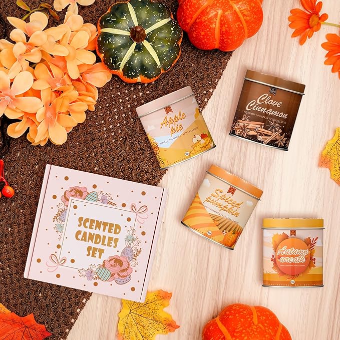 4 Pack Scented Fall Candles Set, 36oz Aromatherapy Soy Wax Candles for Home Scented, Halloween House Warming Gifts Birthday Candle for Women Halloween Apple Pie/Autumn Wreath/Cinnamon/Pumpkin Candle-Ruum Studio Home