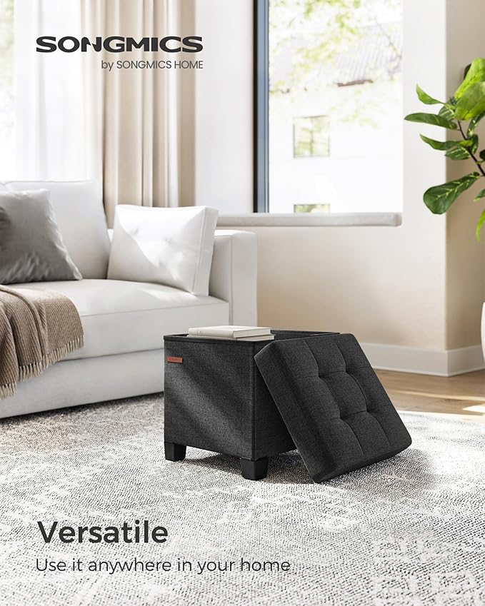SONGMICS Storage Ottoman, Small Ottoman Foot Rest with Legs, 15 x 15 x 15.7 Inches Foot Stool, Load up to 660 lb, for Living Room, Bedroom, Dorm, Ink Black ULSF014B01-Ruum Studio Home