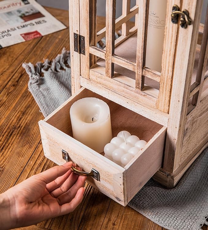 TIMRIS Large Rustic Wooden Metal Decorative Lantern Set of 2, Modern Farmhouse Floor Candle Lanterns with Drawer, Indoor/Outdoor Hanging Lanterns for Home Decor (No Glass)-Ruum Studio Home