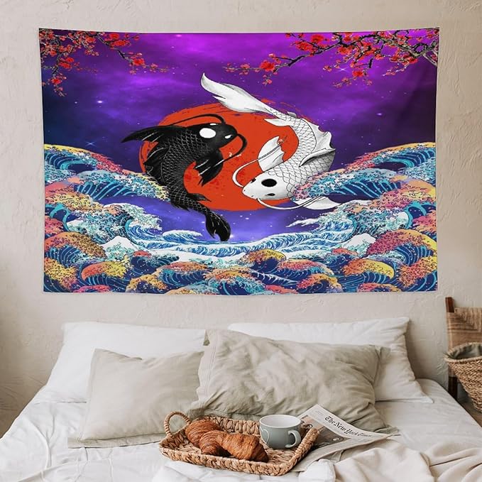 Houselerax Japanese Koi Fish Tapestry, Yin Yang Big Wave Cherry Blossom Tapestries Wall Hanging for Bedroom Living Room Office Decor 60"x40"-Ruum Studio Home