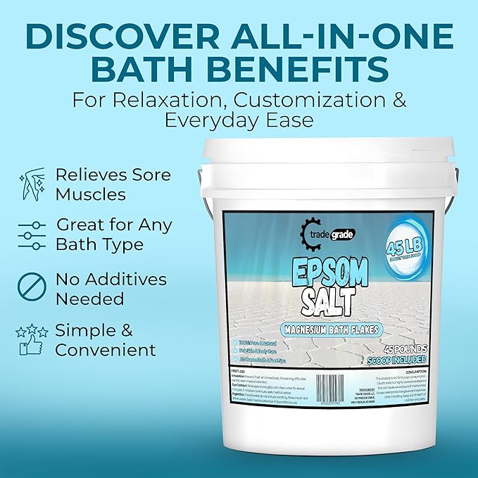 Epsom Salt Bath Soak 45 lb Bucket – Unscented, Pure Epsom Salt Bulk Crystals, Magnesium Sulfate for Full Body or Foot Soaks, Resealable Container with Scoop for Home Bath Use-Ruum Studio Home