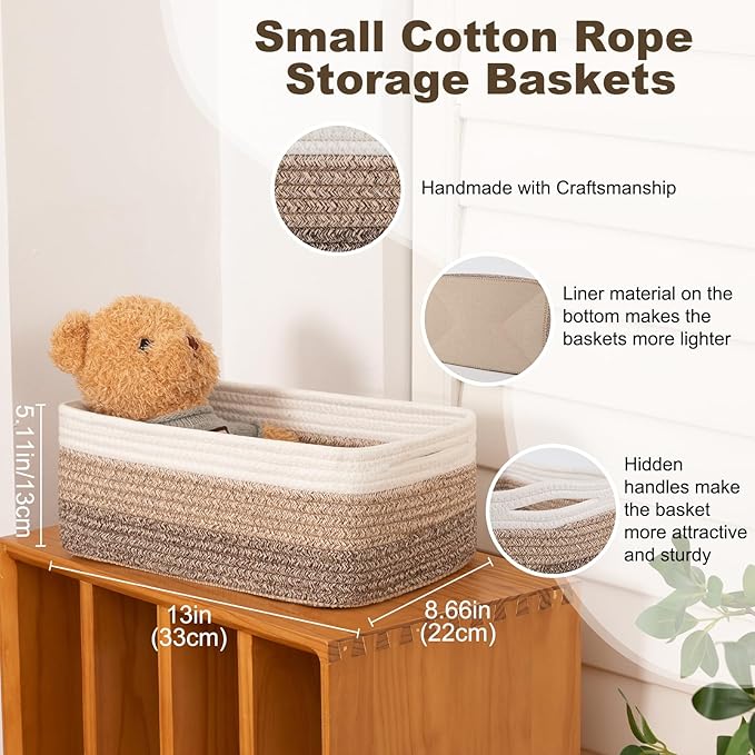 3 Pack Small Storage Baskets for Organizing, Cute Woven Decorative Gift Baskets for Shelves, Mini Closet Organizer Bins with Handles-13''Lx8.66''Wx5.11''H-Brown White-Ruum Studio Home