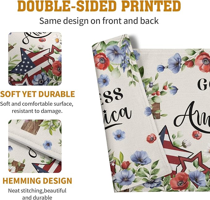 4th of July Placemats Set of 4 Patriotic Floral Cross Stars Independence Memorial Day Place Mats 12x18 Inch God Bless America Linen Fabric Table Mats for Party Kitchen Dining Decoration-Ruum Studio Home