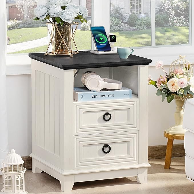 18" Farmhouse Night Stand with Charging Station, 2 Drawers End Table Dresser for Bedroom, White Wooden Nightstand, Bed Side Table with Open Shelf, Bedside Cabinet for Living Room, Closet-Ruum Studio Home