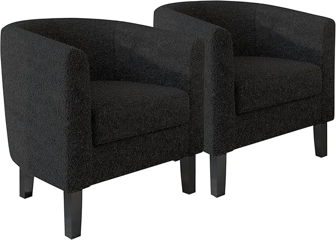 BELLEZE Living Room Chairs Set of 2, Teddy Polyester Accent Barrel Chairs, Club Tub Sofa Chairs for Bedroom, Corner Chairs with Flared Legs and Cozy Soft Padding - Highland (Teddy Black)-Ruum Studio Home