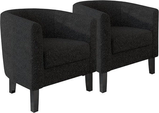 BELLEZE Living Room Chairs Set of 2, Teddy Polyester Accent Barrel Chairs, Club Tub Sofa Chairs for Bedroom, Corner Chairs with Flared Legs and Cozy Soft Padding - Highland (Teddy Black)-Ruum Studio Home