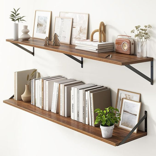 Floating Shelves 55 Inch Long, 10" Deep Floating Shelves, Walnut Wall Shelves 55 x 10, Set of 2, Wide Large Display Storage Shelves for Bathroom, Living Room, Rustic Wood Shelves with Brackets-Ruum Studio Home