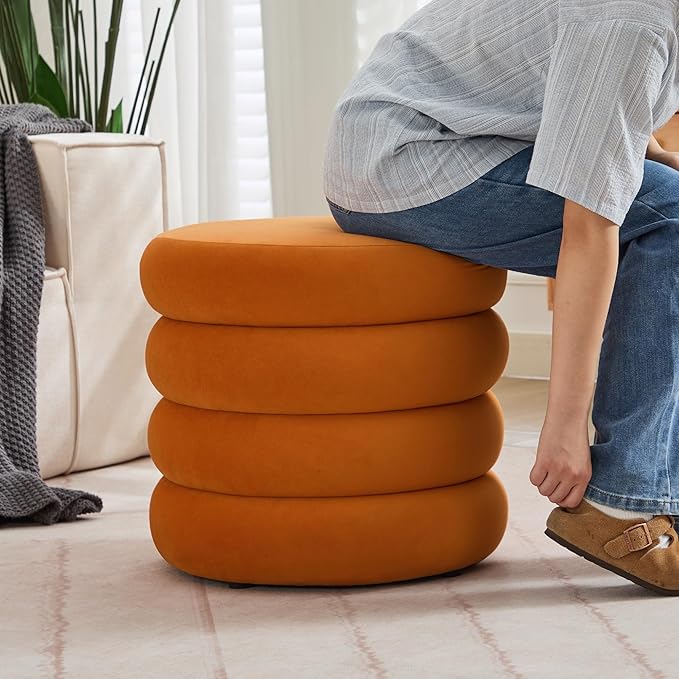 ONEVOG Round Storage Ottoman, 20" Small Ottomans Table with Removable Lid, Velvet Fabric Soft Footrest Stools for Couch, Upholstered Stuffed Circle Seat for Living Room/Bedroom/Dorm/Vanity, Orange-Ruum Studio Home
