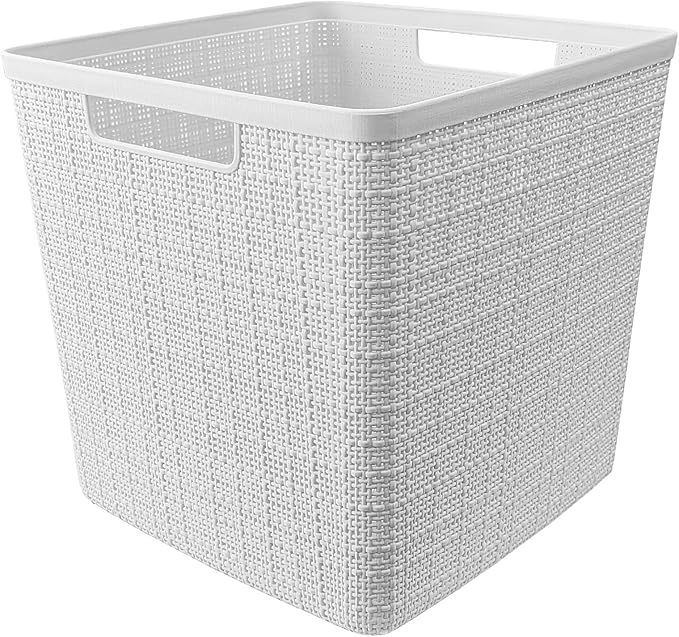 Curver Jute Decorative Plastic Organization and Storage Basket Perfect Bins for Home Office, Closet Shelves, Kitchen Pantry and All Bedroom Essentials, White, Large Cube, Set of 4-Ruum Studio Home