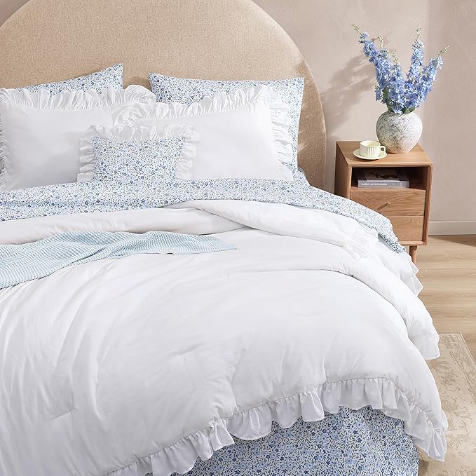 King Comforter Set - 7 Pieces Ruffle White Bedding Sets, Shabby Chic Farmhouse Bed in a Bag King with Ruffle Comforter, Floral Sheets, Pillowcases & Shams-Ruum Studio Home