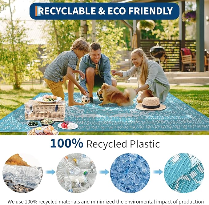 GAOMON Outdoor Rug Waterproof 9x12 Patio Rugs Reversible Plastic Straw Rug, Large UV-Resistant Portable RV Camping Mats, Indoor Outdoor Medallion Carpet for Deck Porch Garden, Light Blue & White-Ruum Studio Home