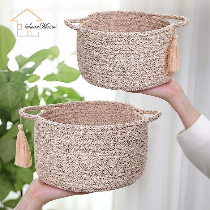 Small Soft Organizer Baskets，Decorative Mini Round Woven Rope Storage Bin Empty Gift Baskets for Man，Office, Desk Decor, Gifting, Kids, Toys, Pre Shaped, Brown, 2 Pack-Ruum Studio Home