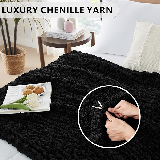 L'AGRATY Chunky Knit Blanket Throw: 72''x84'' Chenille Chunky Knitted Throw Blanket for Bed Couch - Handmade Thick Big Cable Knit Blanket - Large Chunky Crochet Rope Blanket for Home Decor(Black)-Ruum Studio Home
