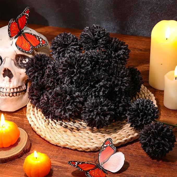 Kimura's Cabin 20Pcs Black Fake Ball Flowers Artificial Silk Chrysanthemums Faux Mums Flower Bouquets for Halloween Home Festive Party Decor Kitchen Table Centerpiece(Black)-Ruum Studio Home