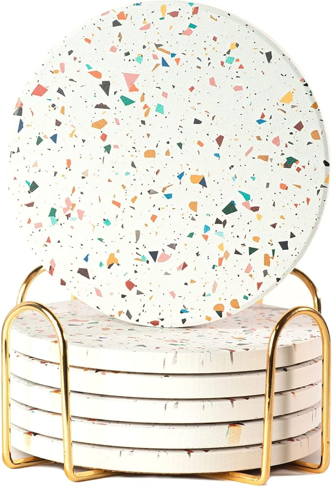 Terrazzo Drink Absorbent Coasters with Holder Set of 6, Ceramic Coaster for Drinks, Coffee Table Decor, Water Absorbing Stone Coaster for Drinks (Confetti)-Ruum Studio Home