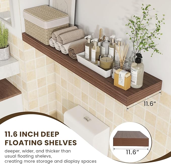 12 Inch Deep Floating Shelves, 48W x 12D Rustic Large Floating Shelves, Deep Walnut Wood Wall Shelves Set of 1 for Living Room Bathroom Laundry Room Bedroom Kitchen Home Office - Walnut-Ruum Studio Home