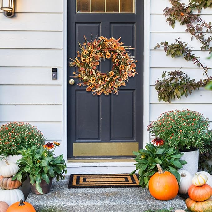 Bibelot Fall Front Door Wreath, 22" Artificial Floral with Colorful Daisies and Autumn Foliage - Orange for Wall, Window and Thanksgiving Decor-Ruum Studio Home