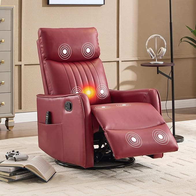 Manual Swivel Rocker Recliner Chair for Adults, Overstuffed Reclining Glider Chair for Nursing with Vibration Massage & Heat, Living Room Rocking Recliner 2-Stage backrest, Faux Leather Red-Ruum Studio Home