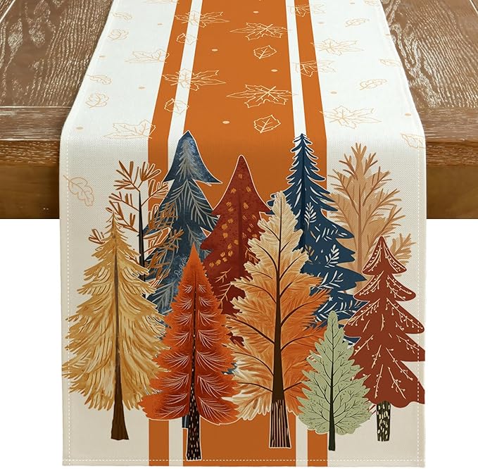 GEEORY Fall Watercolor Trees & Maple Leaves Striped Table Runner 13x90 Inch, Rustic Farmhouse Autumn Thanksgiving Decor for Kitchen, Dining, Indoor/Outdoor Holiday Dinner Party Orange GT157-90-Ruum Studio Home