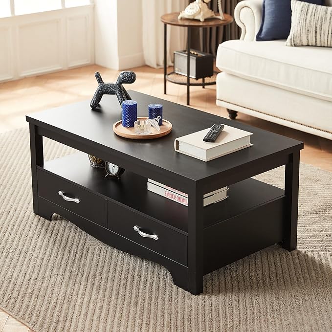 LINSY HOME Farmhouse Coffee Table with Storage, Wood Coffee Table for Living Room, Open Display Area and Storage Drawers with Metal Handles, Chic Style with Curved Base, Black-Ruum Studio Home