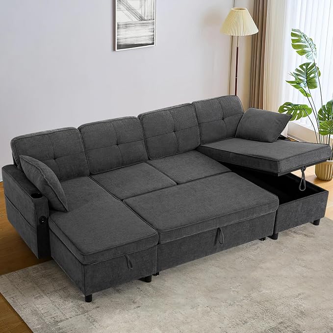 110 Inches Chenille Sectional Sofa w/Adjustable Back & Pull Out Sofa Bed, Tufted U Shaped Couch w/Two Storage Chaises, Sleeper Sectional Sofa w/USB Port & Cup Holders for Living Room, Grey-Ruum Studio Home