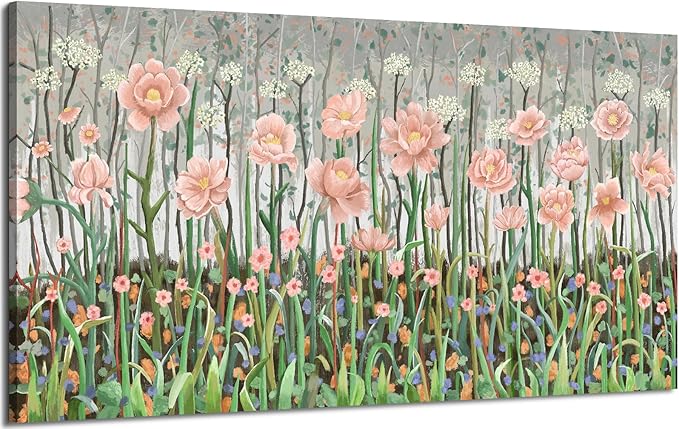 amatop Large Floral Wall Art Modern Abstract Flower Field Canvas Picture Botanical Artwork Rustic Wall Decor for Living Room Bedroom Pink Green Blooming Wildflower Forest Nature Art Print 48x24in-Ruum Studio Home