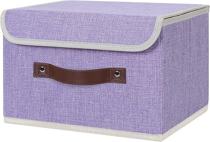 ANMINY Storage Bin with Lid Storage Boxes with PU Leather Handles PP Plastic Board Decorative Foldable Lidded Cotton Linen Fabric Home Cubes Baskets Closet Organizer Container - Purple, Small Size-Ruum Studio Home