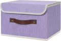 ANMINY Storage Bin with Lid Storage Boxes with PU Leather Handles PP Plastic Board Decorative Foldable Lidded Cotton Linen Fabric Home Cubes Baskets Closet Organizer Container - Purple, Small Size-Ruum Studio Home