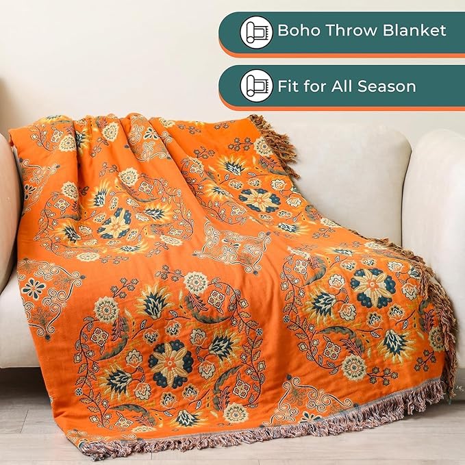 Throw Blanket for Couch Bed Chair,100% Cotton Soft Lightweight Blanket Rustic Quilt -Orange Floral Printed Farmhouse Decor Bed All Season Blankets,80"×90"-Ruum Studio Home