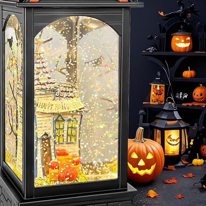 Halloween Snow Globe Lantern, Spooky Ghost Halloween Decor, Plug-in & Battery Operated Snow Globes for Halloween Decorations Indoor-Ruum Studio Home