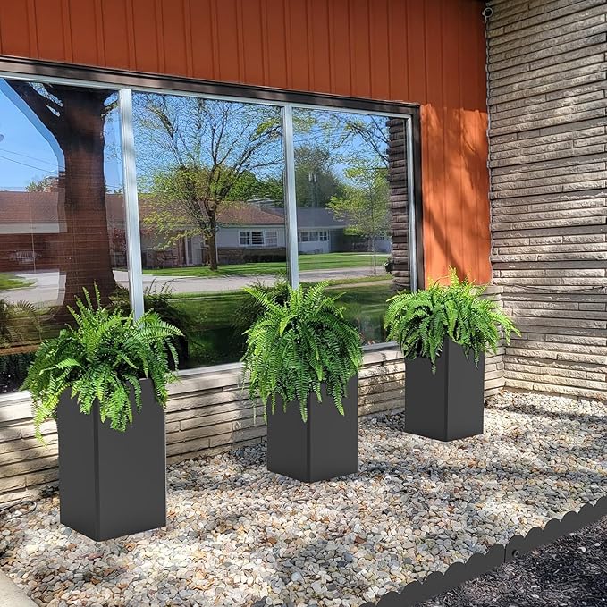 Tall Planters 26 Inch Square Metal Plant Pot with Removable Insert Shelf and Drainage-Modern Tall Black Planters for Indoor & Outdoor-Front Porch,Patio,Garden (14" L X 26" H)-Ruum Studio Home