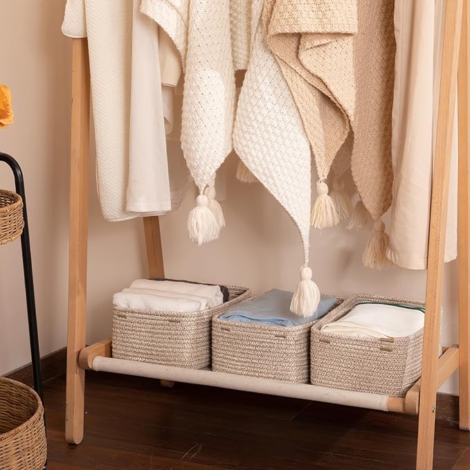 3 Pack Small Storage Baskets for Organizing, Cute Woven Decorative Gift Baskets for Shelves, Mini Closet Organizer Bins with Handles-13''Lx8.66''Wx5.11''H-Brown-Ruum Studio Home