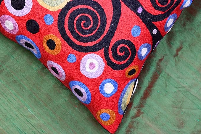 Klimt Tree of Life Pillow Cover | Red Floral Pillowcase | Flower Accent Pillows |Suzani Cushions | Flower Pillows | Modern Floral Cushion Cover | Hand Embroidered Wool Size - 18x18-Ruum Studio Home