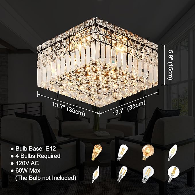 4-Light Black Crystal Chandeliers Flush Mount Chandelier Light Fixture with K9 Crystals Modern Ceiling Lights Elegant Square Lamp for Bedroom,Hallway,Bar,Living Room,Dining Room,H5.9 xW13.7-Ruum Studio Home