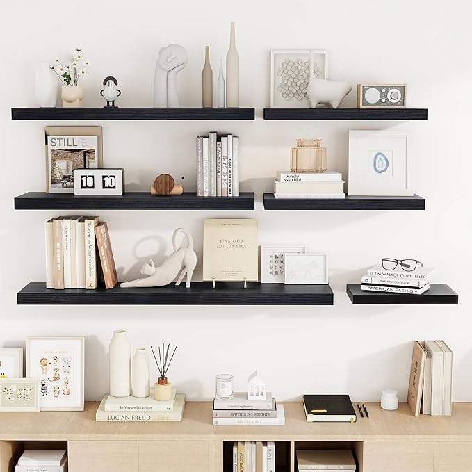 48 Inch Floating Shelves, 48"x9.25"x1.5" Inch Deep Floating Shelves for Wall, Wooden Shelves for Bathroom, Bedroom, Living Room, Black-Ruum Studio Home