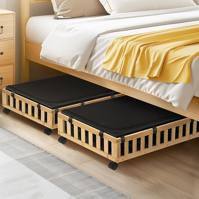 2 Pack Bamboo Under Bed Storage with Wheels, 39”x20”x7.8” Lager Under Bed Storage Containers (Natural)-Ruum Studio Home