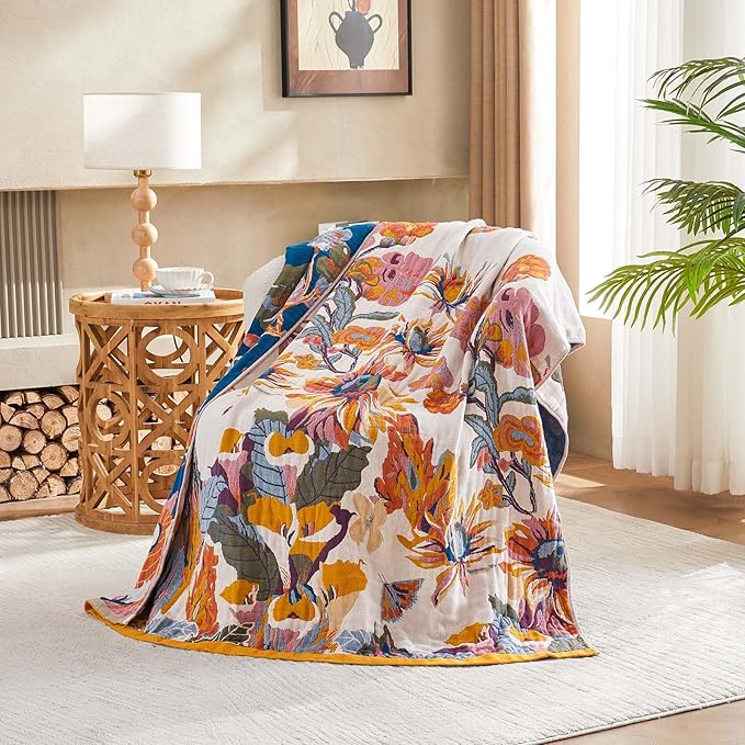 Boho Throw Blanket, 100% Cotton Ultra Soft Luxury Throw Rustic Quilt, 50"x60" Floral Bird Butterfly Farmhouse Decor Bed Blankets, All Season Rustic Reversible Bohemian Throw for Bed - Yellow-Ruum Studio Home