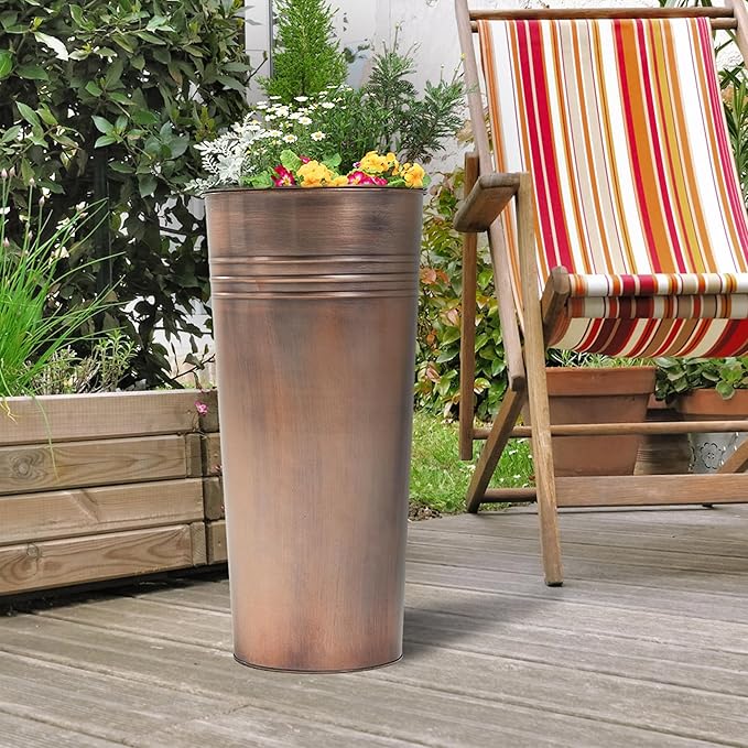 KOL 22''H 2-Pack Planter with Water Level Indicator - Galvanized Steel Pot - Self Watering Planters Flower Pot for Plant - Inner Pot Design - Round Metal Planter Box - Indoor Outdoor Planting - Bronze-Ruum Studio Home