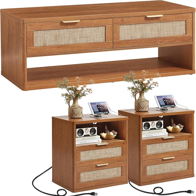 LEYAOYAO Boho Rattan Coffee Table and End Table Sets, 48" Wide Center Tables & 23" Night Stand with Charging Station Chest of Drawers, Brown Wood Coffee Table for Living Room 3 Piece Set-Ruum Studio Home