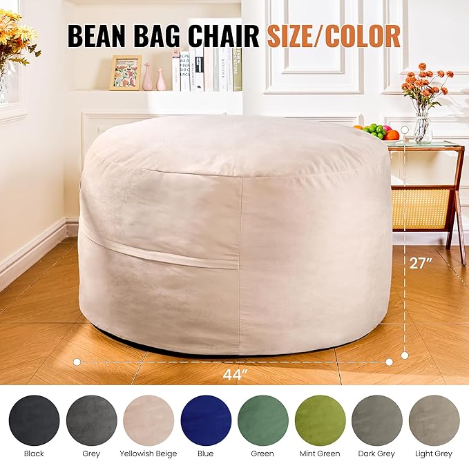4FT Bean Bag Chair: Bean Bag with Velvet Cover, Fluffy and Comfy Bean Bag Chairs for Adults and Kids, Bean Bag Sofa Filled with High-Density Sponge for Gaming (Yellowish Beige)-Ruum Studio Home