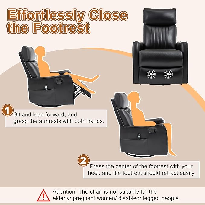 Manual Swivel Rocker Recliner Chair for Adults, Overstuffed Reclining Glider Chair for Nursing with Vibration Massage & Heat, Living Room Rocking Recliner 2-Stage backrest, Faux Leather Black-Ruum Studio Home