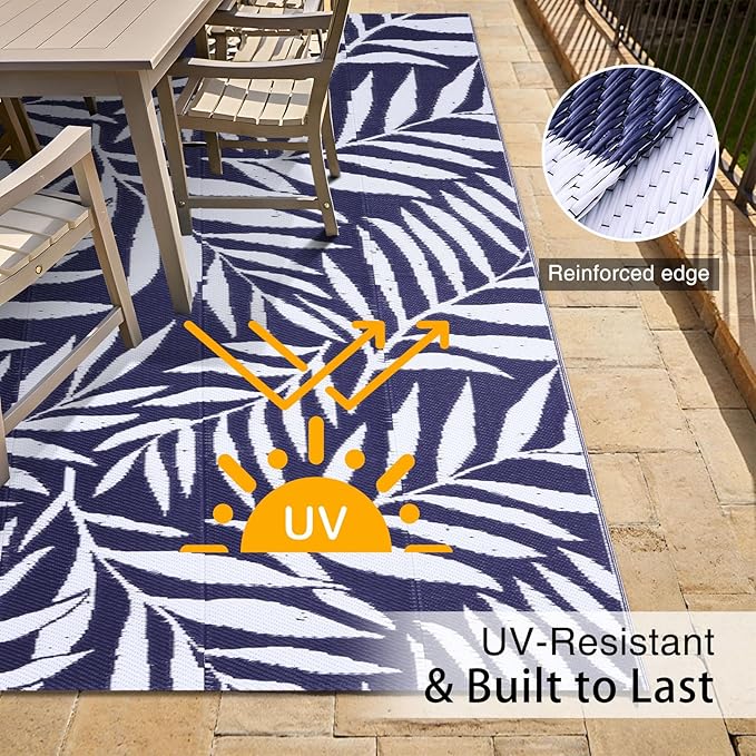 OLANLY Waterproof Outdoor Rug 5x8 ft, Reversible Outdoor Plastic Straw Rug with Leaf Pattern, RV Mat, Indoor Outdoor Carpet for Patio, Camping, Balcony, Deck, Backyard, Navy & White-Ruum Studio Home