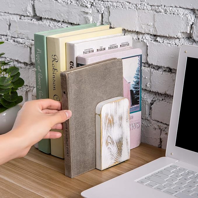 MyGift Whitewashed Wood Desktop Bookends, Decorative Bookshelf Display Organizers Office Book Shelf Decor, 1 Pair-Ruum Studio Home